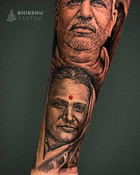 Black and grey family portrait sleeve tattoo